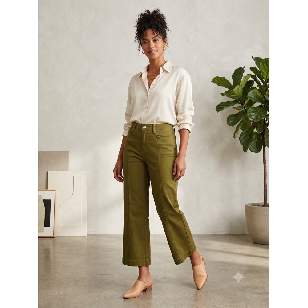 Proenza Schouler White Label Olive Green Wide Leg Crop Pants‎ Size 8